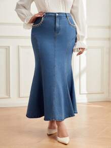 Mulvari Plus Mermaid Hem Denim Skirt - Medium Wash - View 4