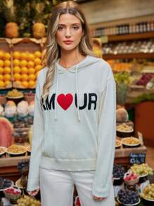 SHEIN Frenchy Hooded Sweater, Heart Sweater, Knitted Sweater, Valentine's Day Sweater, Women's Basic Tops, Spring Clothes, Going Out Clothes, White, Long Sleeve Tops Winter Thanks Giving Casual - Apricot - View 3