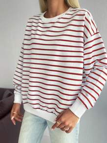 EURMUSE Sudadera con estampado de rayas de hombros caídos - Rojo y blanco - Ver 4
