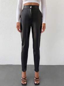 EURMUSE Split Hem PU Leather Pants - Black - View 5