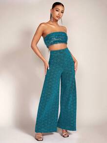 SHEIN BAE Trang trí Fuzzy Áo Tube Crop - Màu xanh lam - Xem 2