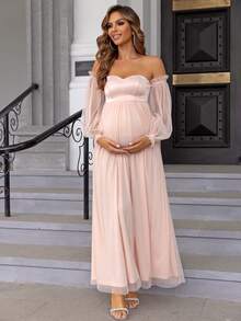 Joyfunear 孕妇粉色露肩网眼撞色长袍优雅连衣裙，适合派对