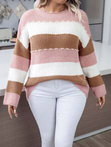 Calvaya 大碼撞色珍珠串珠落肩袖套頭毛衣 - 彩色 - 查看 5