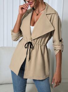 SHEIN Essnce 大翻領腰部抽繩捲邊袖外套 - 杏色 - 查看 5