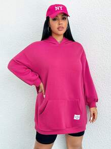 SHEIN EZwear Plus Size Letter Patched Kangaroo Pocket Drop Shoulder Sweatshirt - Hot Pink - View 3