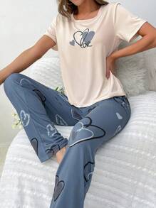 Heart Print Tee & Pants PJ Set / Pajama Set - Multicolor - View 1