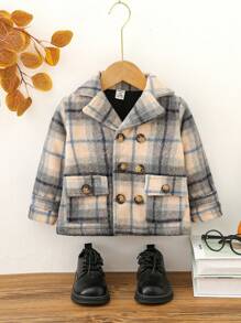 Baby Boy Plaid Double Breasted Flap Pocket Overcoat Autumn Fall - Apricot - View 1