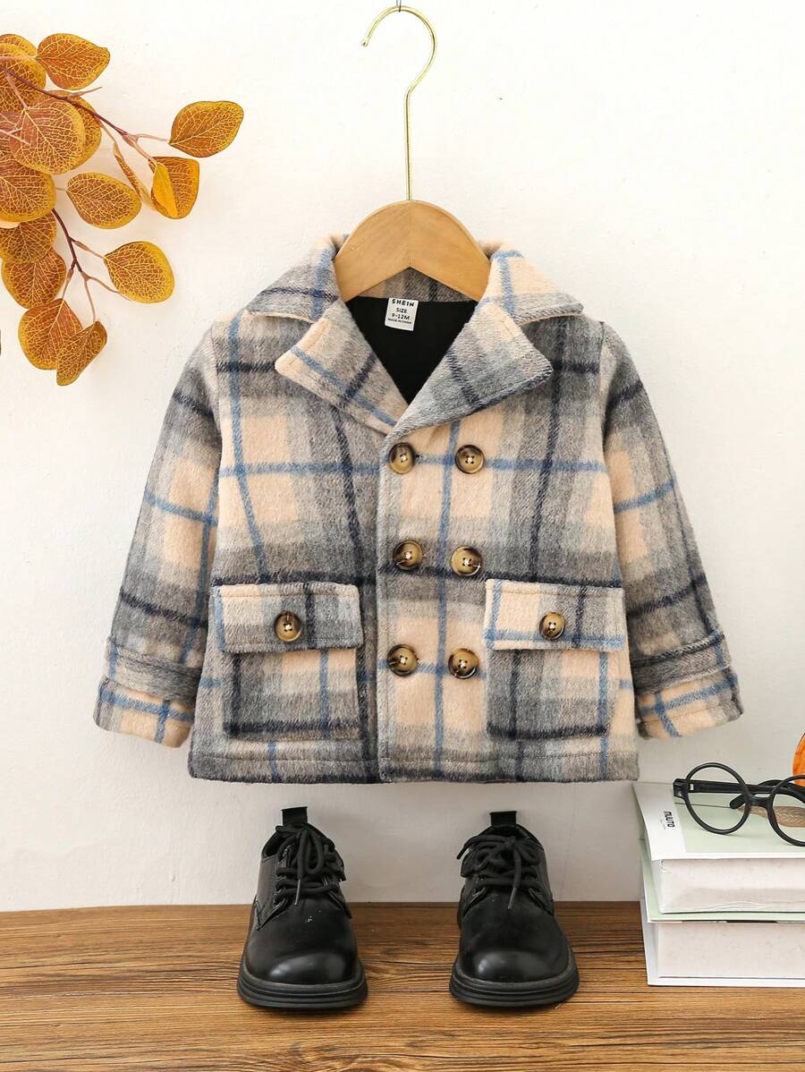 Baby Boy Plaid Double Breasted Flap Pocket Overcoat Autumn Fall - Apricot - View 1