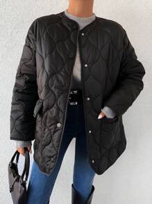 EURMUSE Dual Pocket Drop Shoulder Quilted Coat - Black - View 4