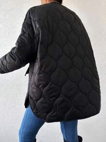 EURMUSE Dual Pocket Drop Shoulder Quilted Coat - Black - View 2