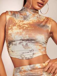 SHEIN BAE Tie Dye Mock Neck Crop Tank Top & Ruched Pencil Skirt - Multicolor - View 5