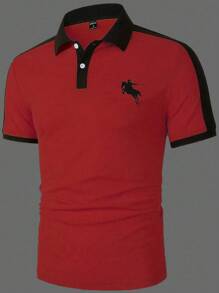 Manfinity 男士大码馬印花拼接邊POLO衫 - 紅色 - 查看 5