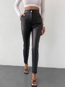 EURMUSE Split Hem PU Leather Pants - Black - View 3