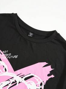 SHEIN EZwear Talla grande Camiseta de hombros caídos con estampado de slogan y dibujos animados - Negro - Ver 6