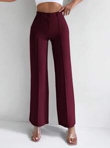 EURMUSE Solid High Waist Straight Leg Suit Pants - Burgundy - View 1