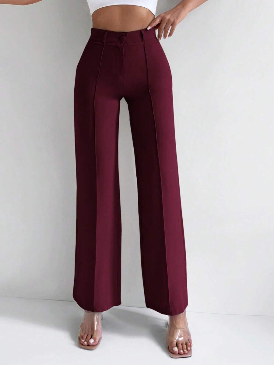 EURMUSE Solid High Waist Straight Leg Suit Pants - Burgundy - View 1