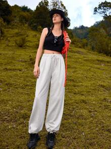 In My Nature Solid Slant Pocket Drawstring Waist Outdoor Sweatpants - Grey - View 3