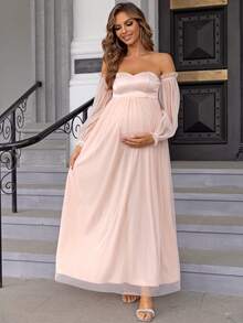 Joyfunear 孕妇粉色露肩网眼撞色长袍优雅连衣裙，适合派对