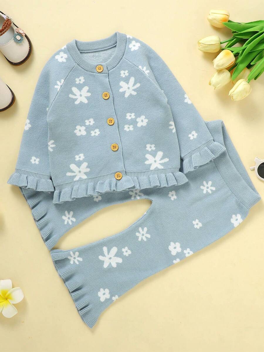 Bebé niña Cárdigan con patrón floral ribete con fruncido de manga raglán con pantalones tejidos - Azul - Ver 1