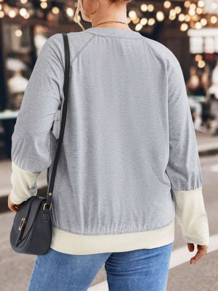 Plus Contrast Panel Raglan Sleeve Sweatshirt Pullover Fall Sweatshirt