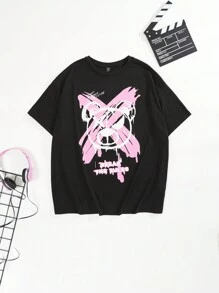 SHEIN EZwear Talla grande Camiseta de hombros caídos con estampado de slogan y dibujos animados - Negro - Ver 1
