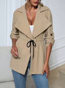 SHEIN Essnce 大翻領腰部抽繩捲邊袖外套 - 杏色 - 查看 4