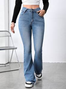 SHEIN EZwear Slant Pocket Flare Leg Jeans - Medium Wash - View 4