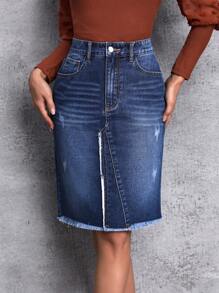 SHEIN LUNE Coolmax高腰毛邊牛仔裙 - 藍色 - 查看 1