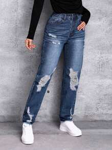 SHEIN LUNE Rách Quần legging thẳng - Màu xanh lam - Xem 1