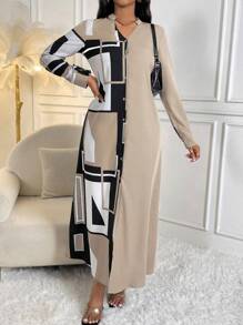 Lyxana Geo Print Button Front Shirt Dress Maxi Women Outfit Fall Cloth For Women