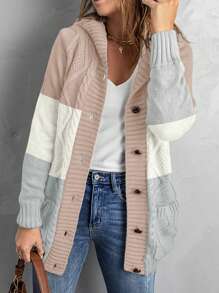 CILKOO 拼色連帽開襟衫 - 棕色 - 查看 1