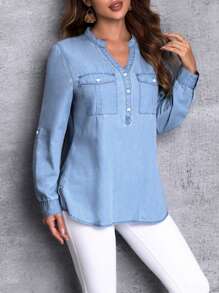 EMERY ROSE Women's Notched Collar Long Sleeve Denim Shirt New Long Sleeve/Half Sleeve Button Pocket Thin Denim Top - Light Wash - View 3