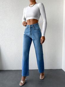 SHEIN Cottnline Straight Leg Jeans ,Petite Women - Blue - View 4