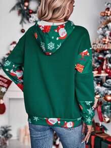 SHEIN LUNE 圣诞印花落肩抽绳连帽套头衫秋季卫衣 - 綠色 - 查看 2