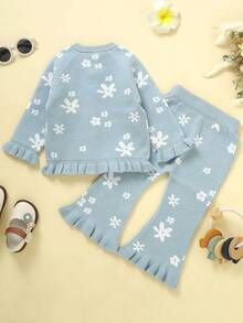 Bebé niña Cárdigan con patrón floral ribete con fruncido de manga raglán con pantalones tejidos - Azul - Ver 2