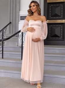 Joyfunear 孕妇粉色露肩网眼撞色长袍优雅连衣裙，适合派对