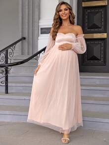 Joyfunear 孕妇粉色露肩网眼撞色长袍优雅连衣裙，适合派对