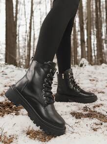 女式圓頭中筒綁帶雪靴,戶外冬季黑色雪靴,pu皮革和加厚絨毛內裡 - 黑色 - 查看 1