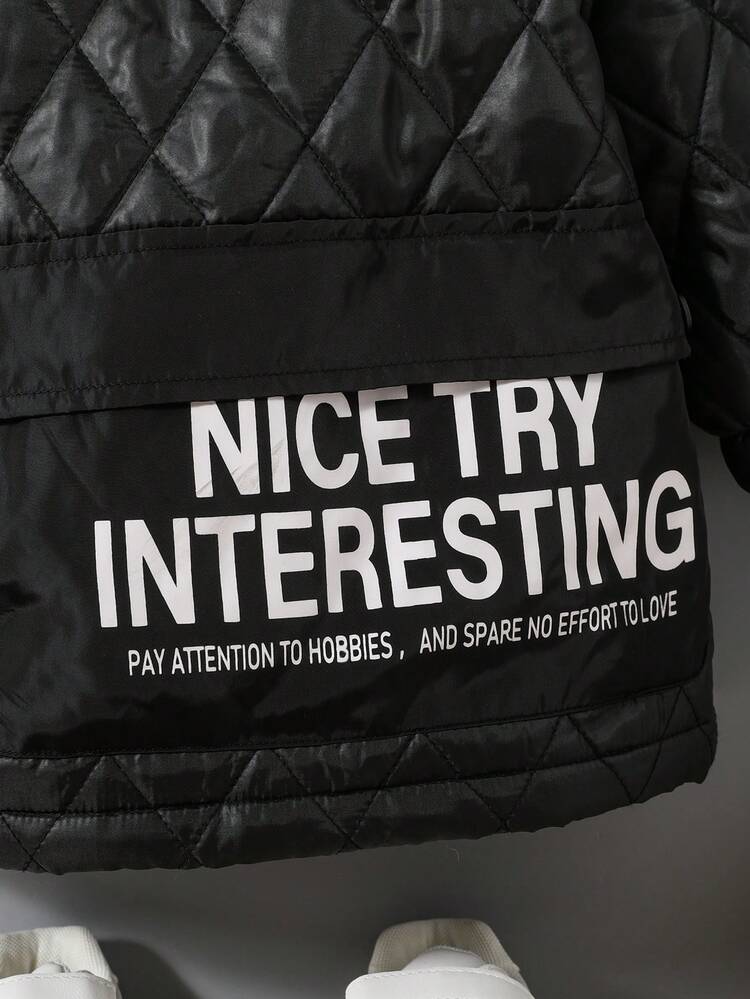 Young Boy Slogan Graphic Hooded Quilted Coat
