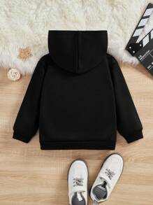 SHEIN 年轻男孩休闲简约卡通图案长袖连帽运动衫，适合秋季 - 黑色 - 查看 3