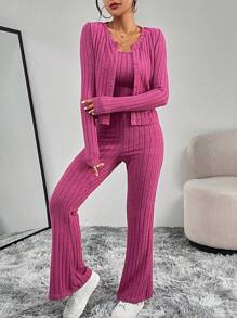 SHEIN Essnce Solid Cami Top & Flare Leg Pants & Button Front Coat - Hot Pink - View 5