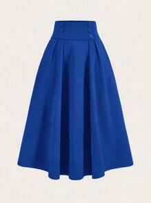 SHEIN MOD High Waist Button Detail Flare Skirt - Royal Blue - View 1