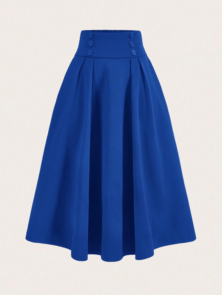 SHEIN MOD High Waist Button Detail Flare Skirt - Royal Blue - View 1