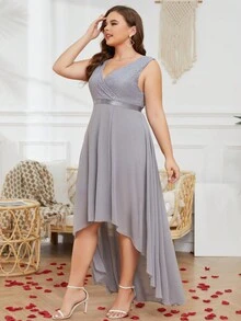 Plus Lace Panel High Low Bridesmaid Dress - Grey - View 4