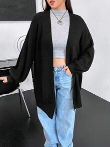 Flirla Hơn Thả vai Áo len Duster - màu đen - Xem 4