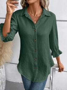 SHEIN Frenchy 素色前紐扣弧形下擺襯衫 - 墨綠色 - 查看 7