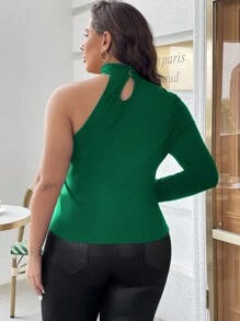 SHEIN Privé 大碼鏈條細節不規則肩T恤 - 綠色 - 查看 2