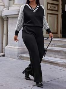 RueChic Plus Striped Pattern Raglan Sleeve Sweater & Knit Pants - Black and White - View 4