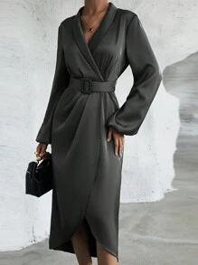 SHEIN Clasi 青果領燈籠袖腰帶緞面圍裹式洋裝