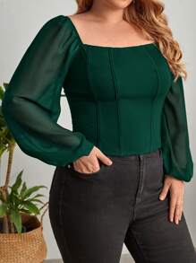 SHEIN Privé Plus Square Neck Lantern Sleeve Top - Dark Green - View 3